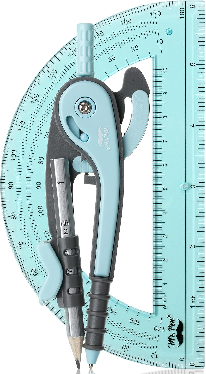 Geometry Compass and Protractor Set, 6 Inch Compass | 6 Inch Protractor, Drawing Tool for School, Clear Plastic, Easy