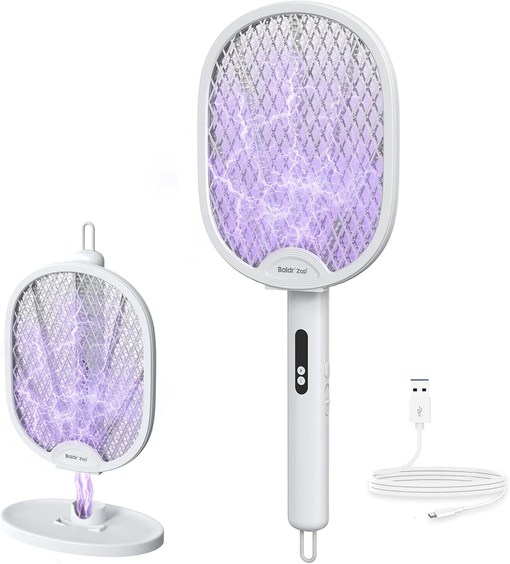 Electric Fly Swatter Racket, Foldable 2 in 1 Bug Zapper 3000V Powerful Mosquito Killer with Purple Attractant Trap