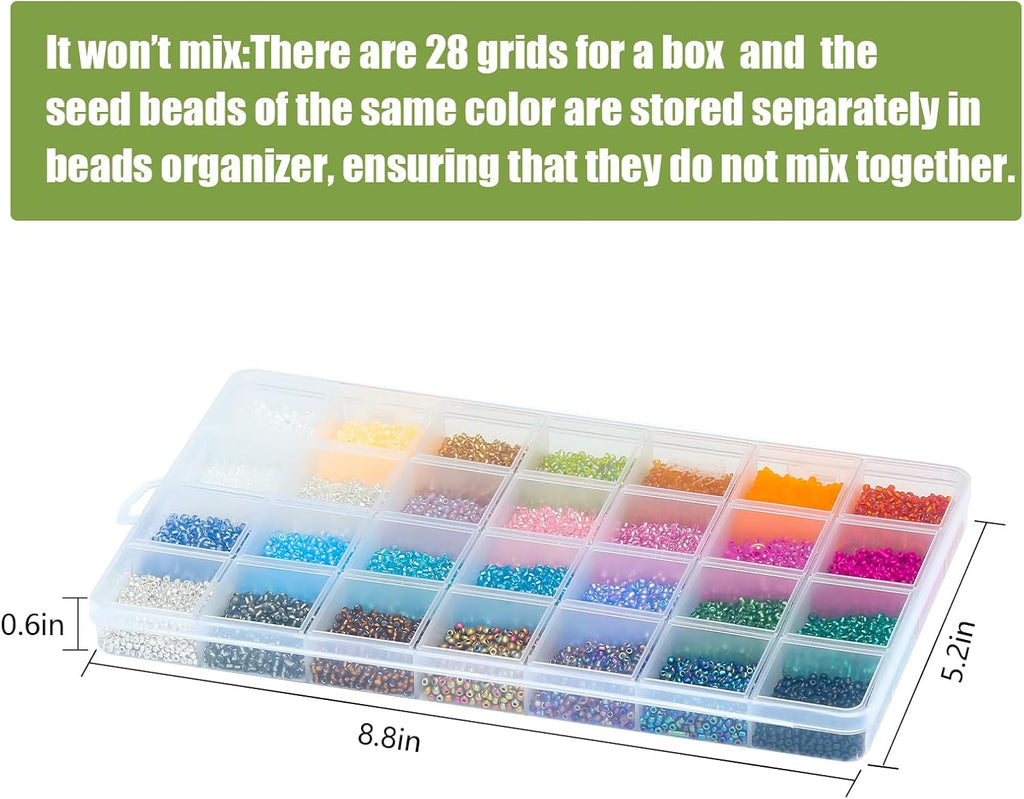 24000Pcs 2mm Glass Seed Beads Kit, with 28 Colors Small Beads Kit for Girls,Women and Adults,Bracelets