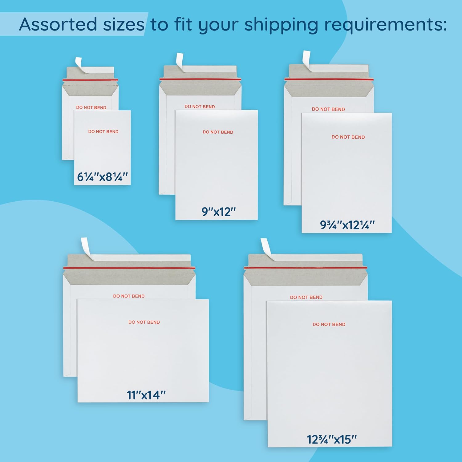 25 12.75" x 15" Rigid Mailers, Self Seal, Do Not Bend | White cardboard, stay-flat rigid, peel and seal, protects