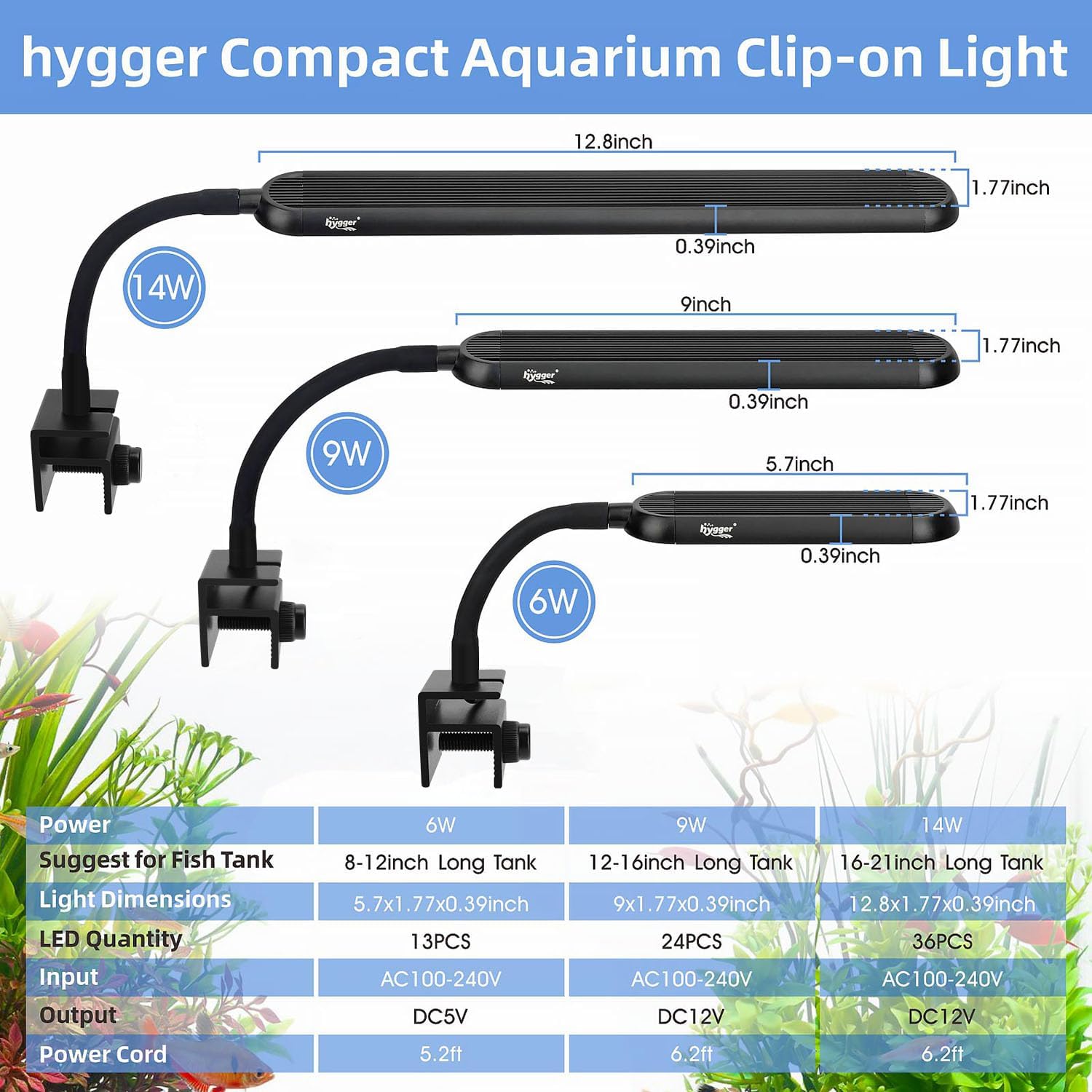 0.5-5 Gallon Nano Tank Mini Clip-on Aquarium Light with White Blue Red LEDs Fish Tank Lighting Built-in Timer 5