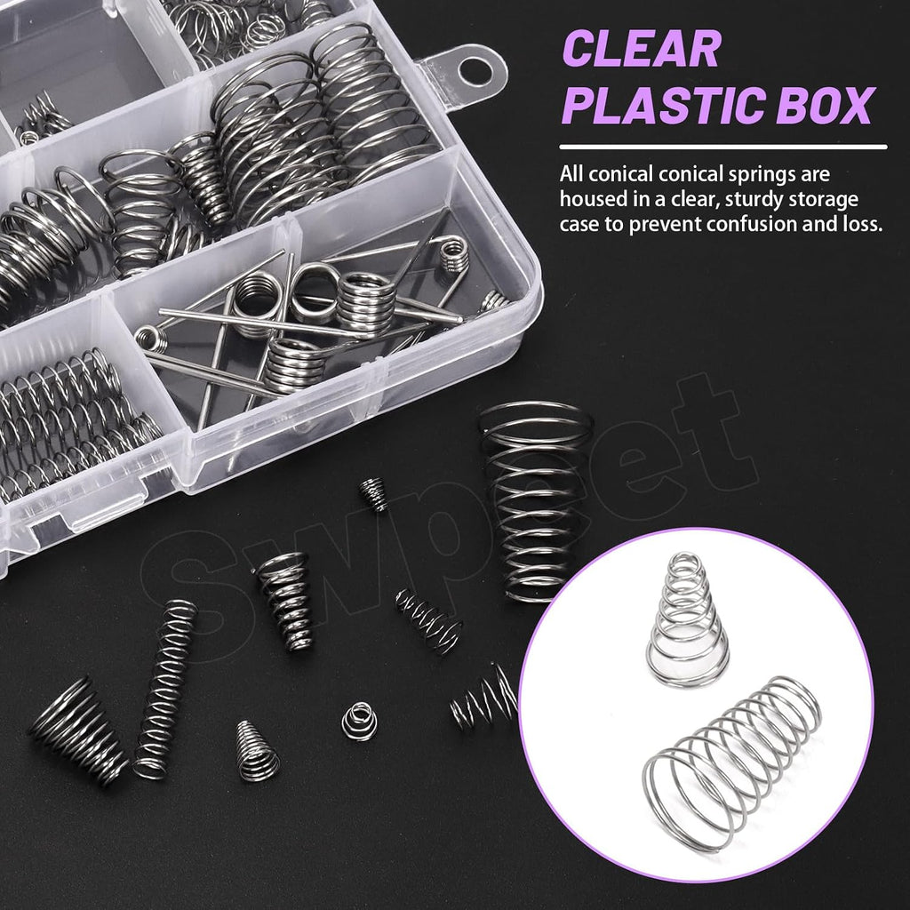 148Pcs 3 Styles Stainless Steel Compression Springs Assortment Kit, 0.3/0,5/0.7/0.8/1 mm Conical Spring Compressed