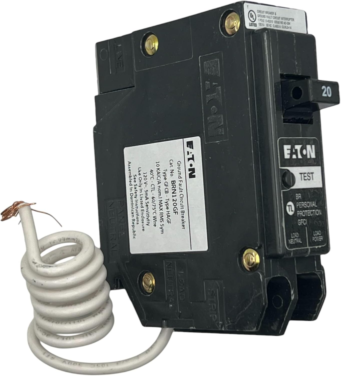 BRN120GF Circuit Breaker, GFCI, Type BR, 20 A, 1-Pole, 120/240 VAC, Trip-to-Center Trip, Plug