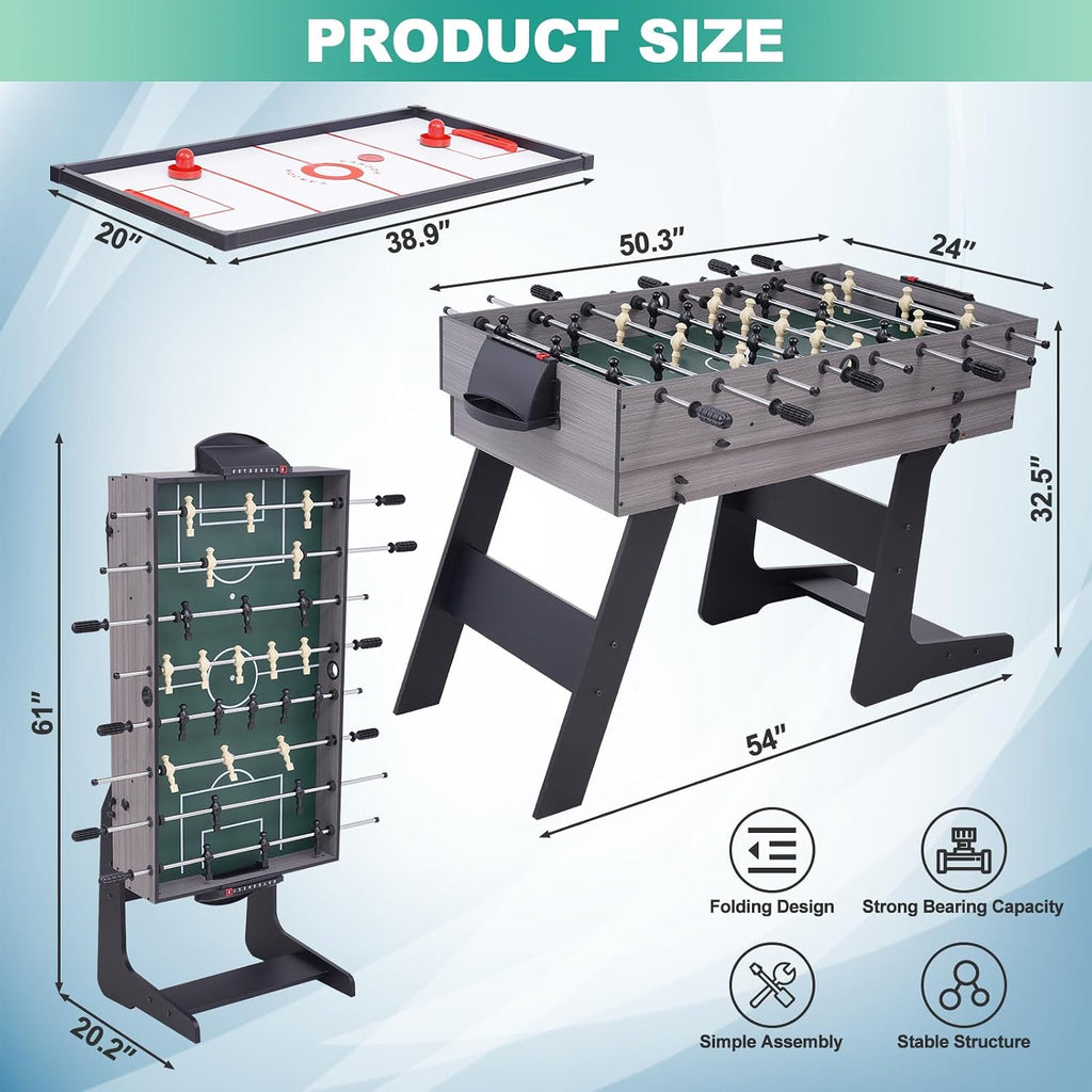 54" 4-in-1 Multi Game Table, Foldable Combo Game Table Set with Ping Pong, Hockey, Pool Billiards and Foosball for