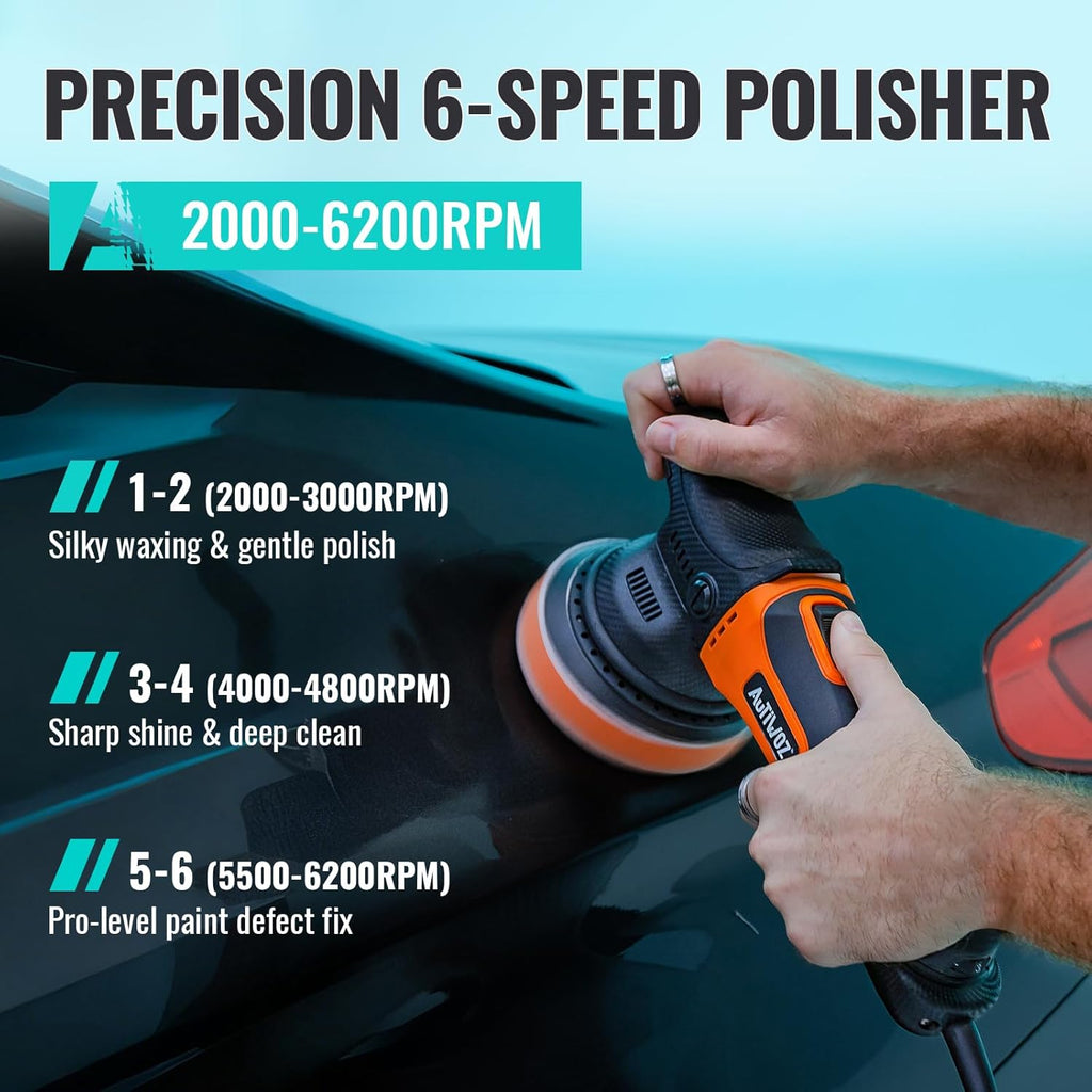 5 Inch DA Polisher for Car Detailing, 9mm Random Orbital Polisher Buffer, 6 Speeds 2000-6200RPM, 630W Auto Polishing