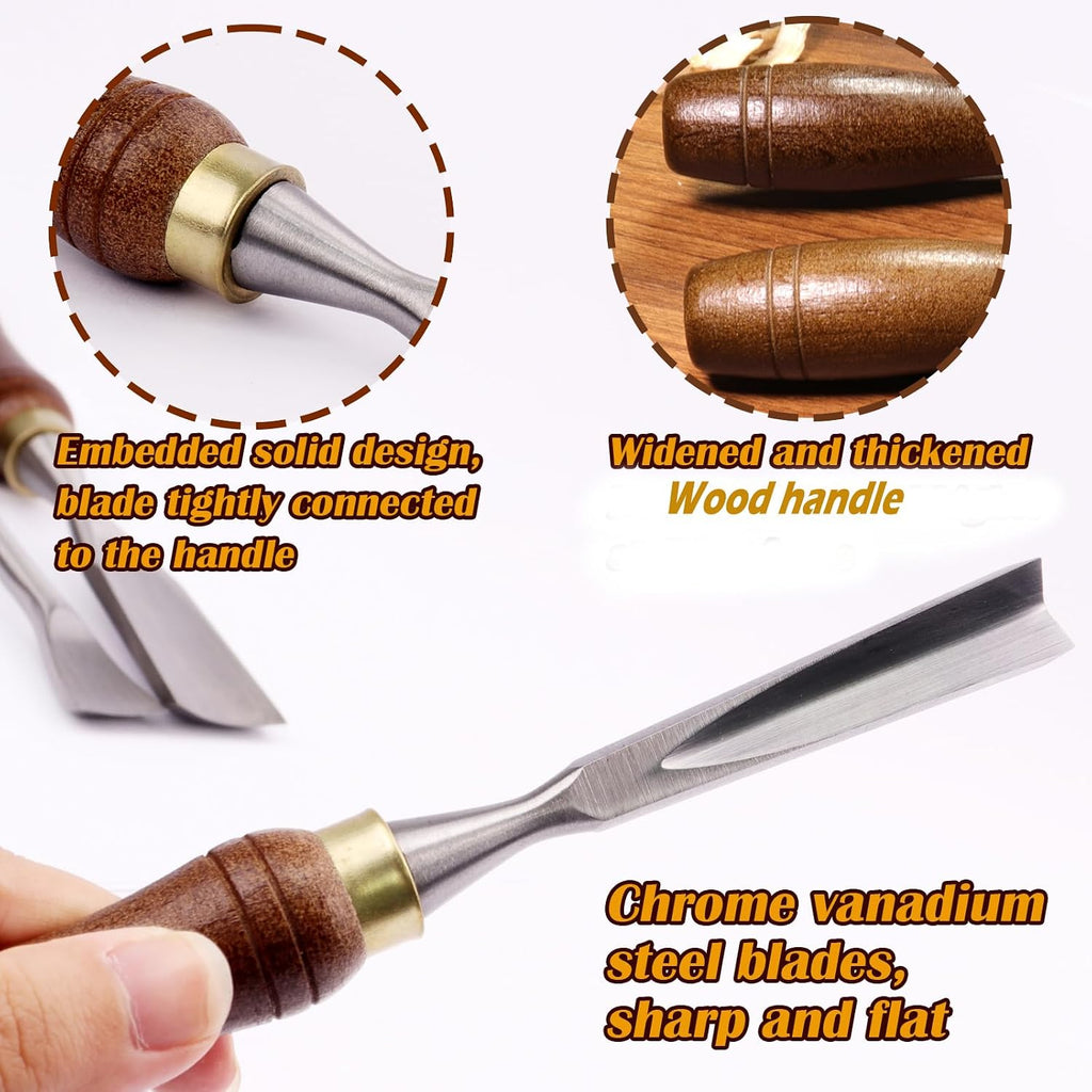 12-Piece Wood Carving Chisel Set - CR-V 60 Steel Multi-Shape Edge Gouges Carving tool for Woodworking Beginners and
