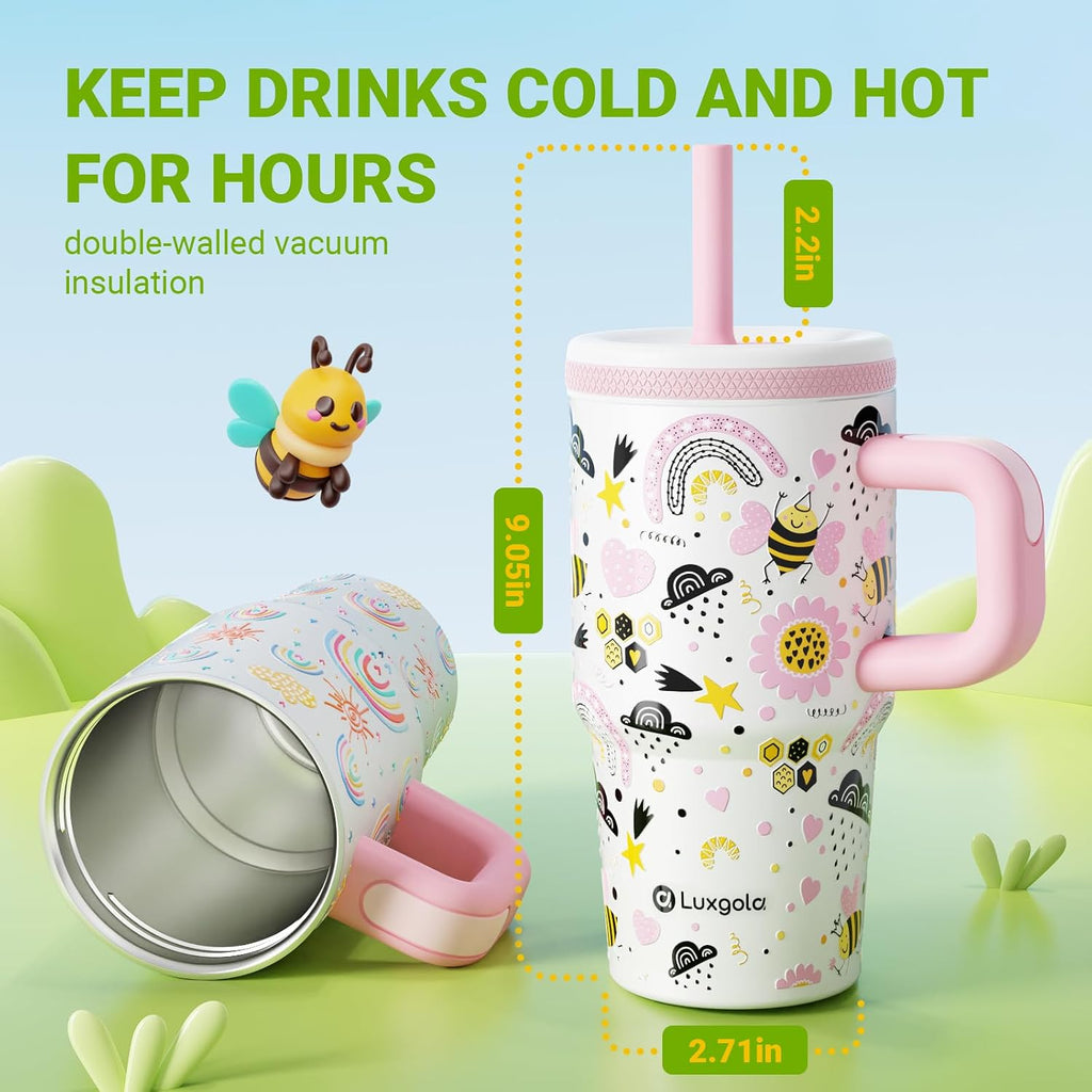 20 Oz Kids Tumbler with Handle, Stainless Steel Cute Water Bottle | Spill Proof Kid Cups with Screw-On Lid and
