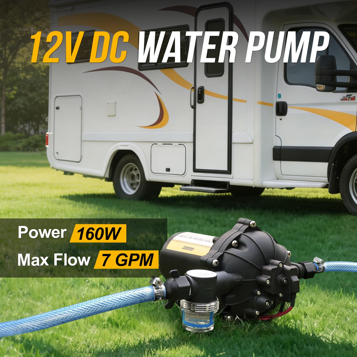 Gidrox 12V RV Water Pump, 7.0 GPM 70 PSI Diaphragm Pump, 12Volt Quiet Fresh Water Pump with Pressure Switch, Self Priming Pressure Pumps for RV Camper Boat Marine Food Truck