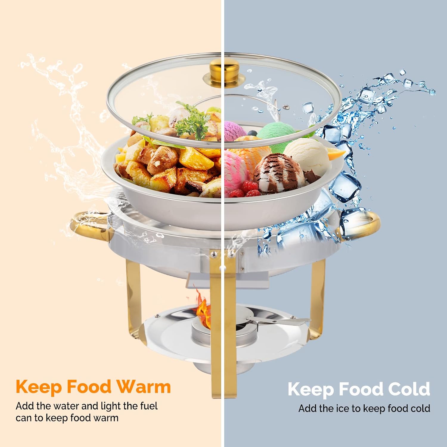 5QT 2 Packs Chafing Dish Buffet Set Gold Accent, Round Stainless Steel Buffet Warmer Chafers and Buffet Warmers Sets