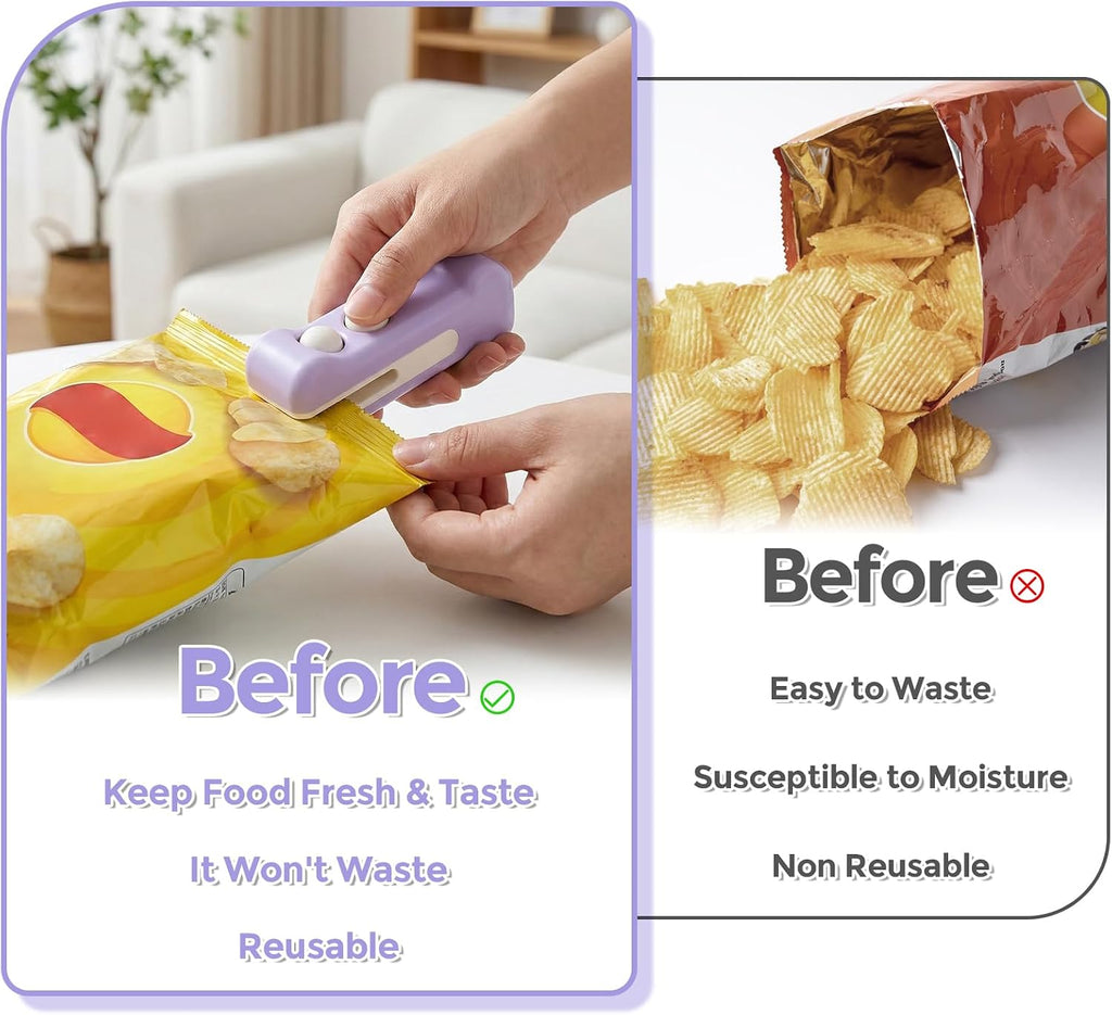 Mini Bag Sealer, 2 in 1 Rechargeable Heat Sealer and Cutter(Purple)