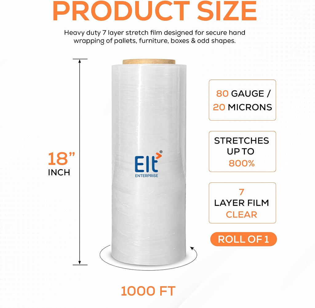 18 Inch Stretch Film Wrap, 1000 Ft, 1 Roll, 80 Gauge, 7 Layer, Clear