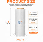 18 Inch Stretch Film Wrap, 1000 Ft, 1 Roll, 80 Gauge, 7 Layer, Clear