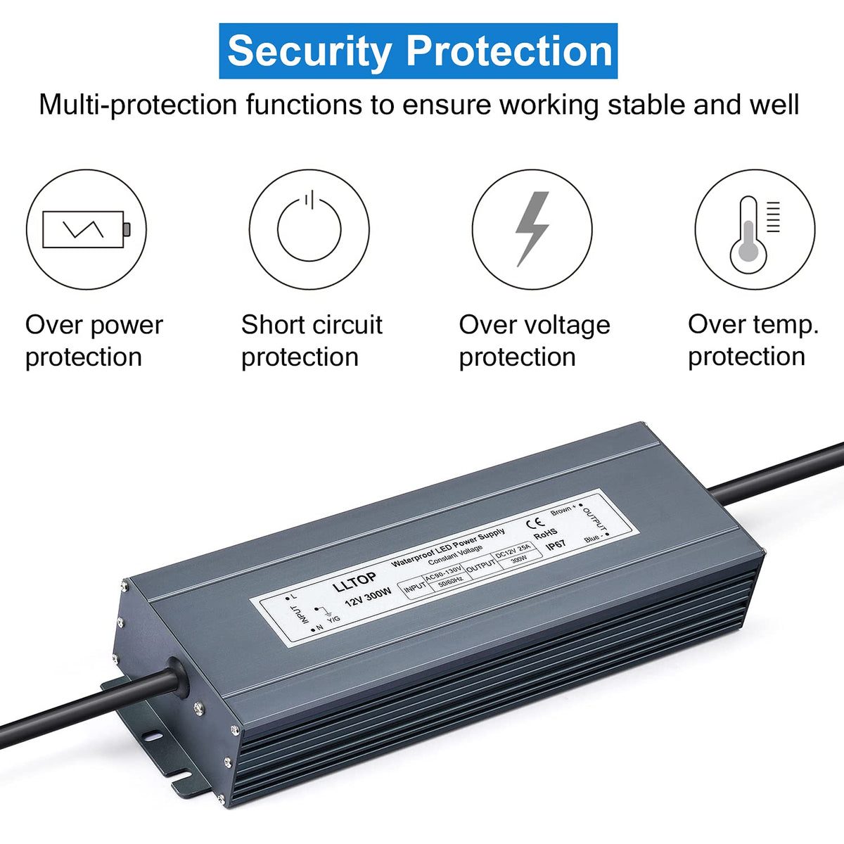 LLTOP 12V DC LED Driver Waterproof IP67 Power Supply 300W 25A