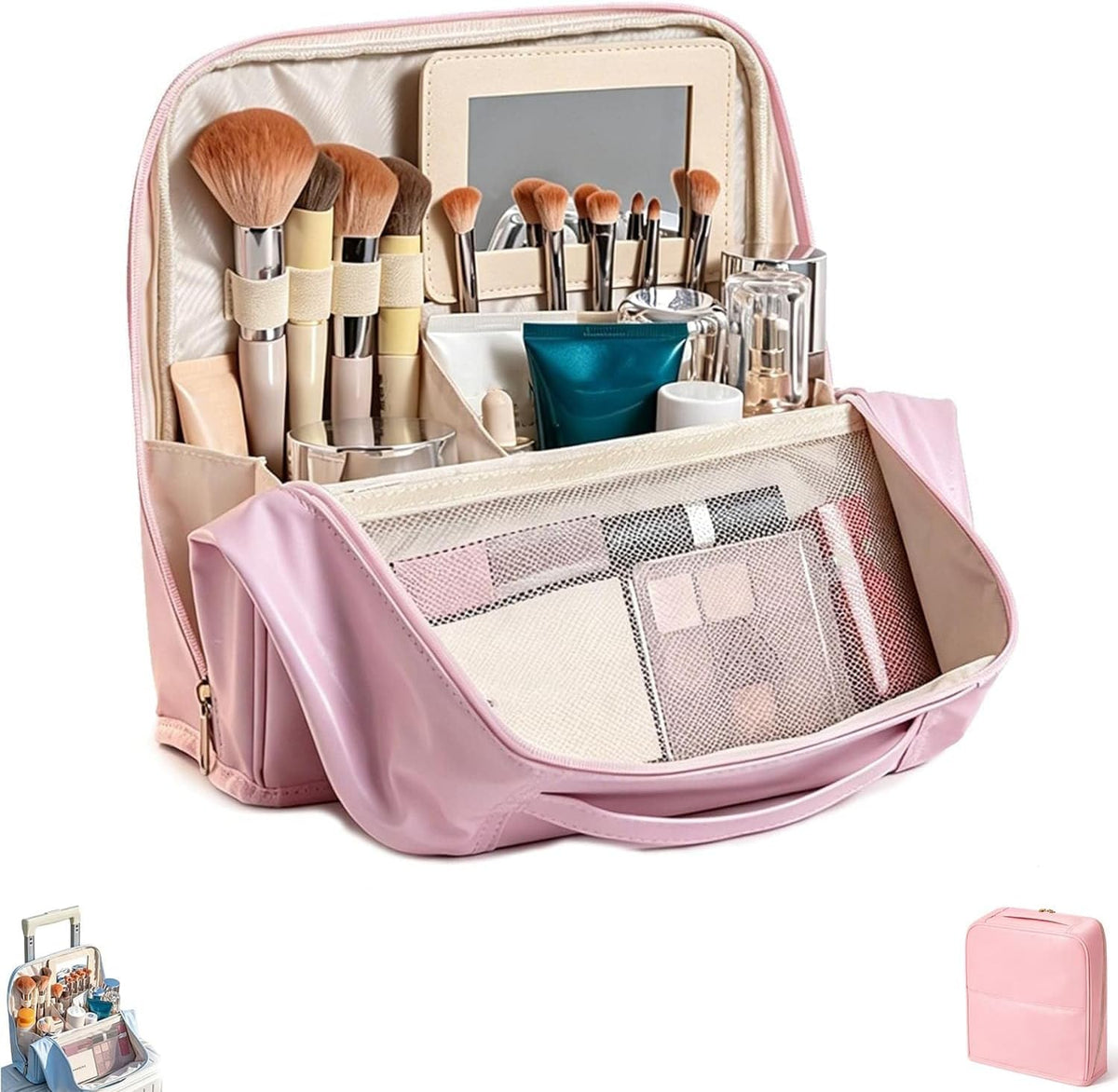 Stylish Handheld Partitioned Cosmetic Bag,Large Capacity Pu Leather Travel Makeup Organizer With Detachable