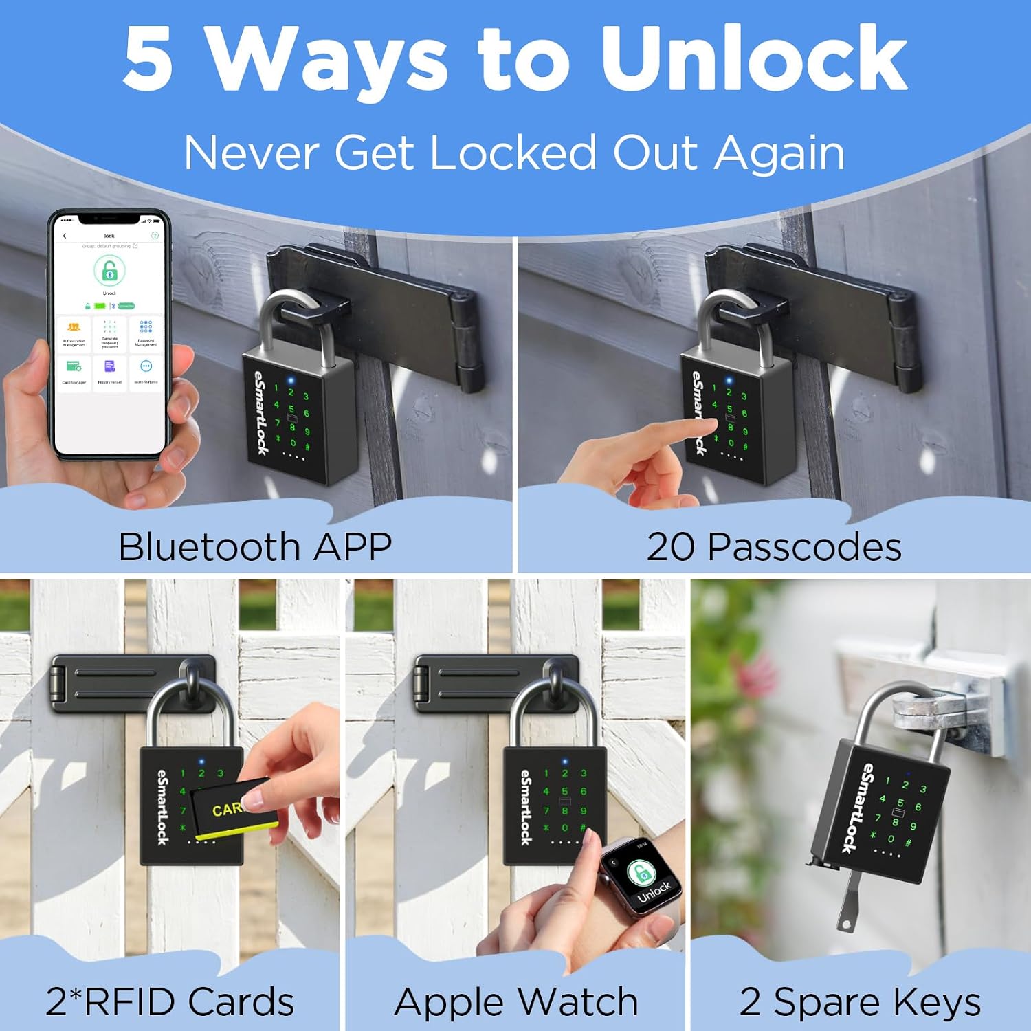 Heavy Duty Smart Padlock,Outdoor Combination Padlock with Key Code RFID | IP67 Waterproof Padlock Anti-Cut Shackle