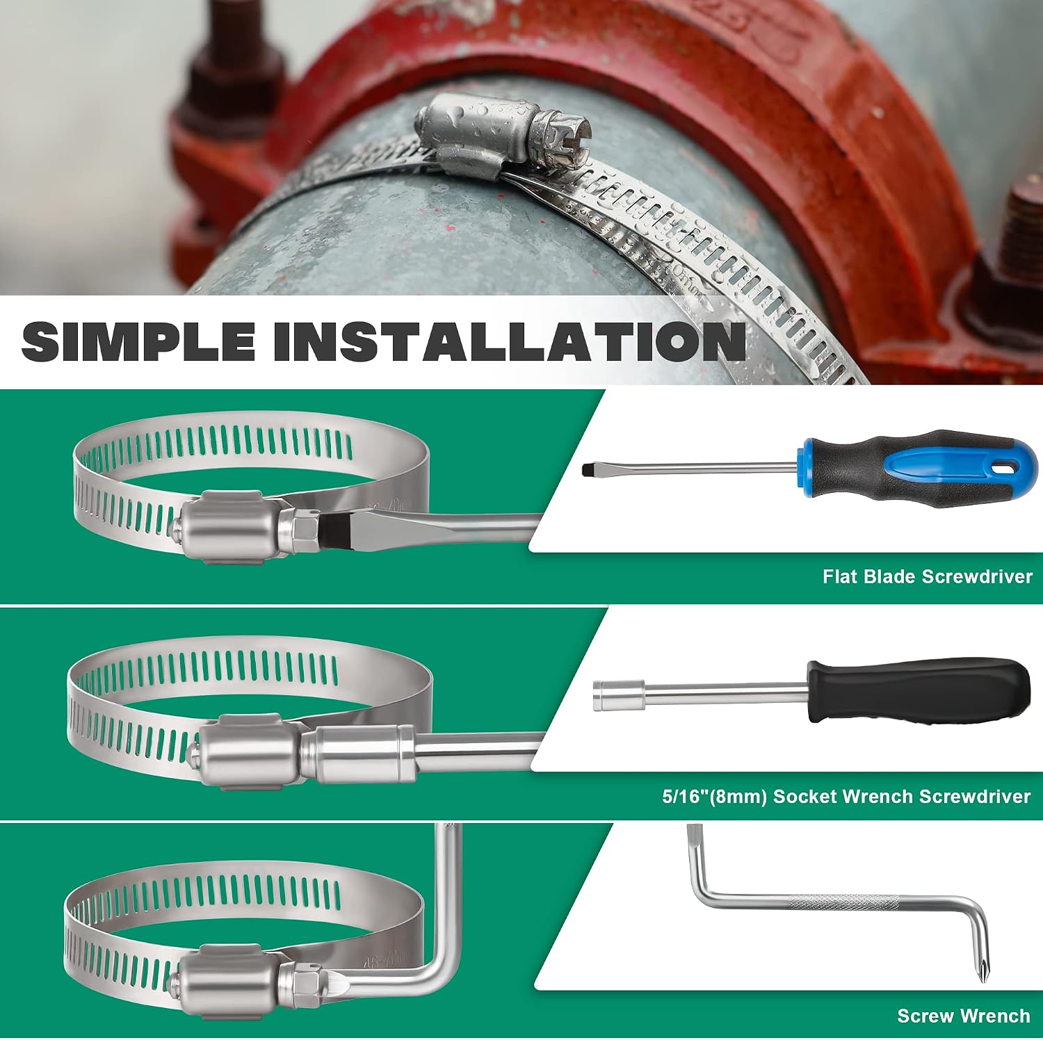 2.5 Inch Hose Clamps, Adjustable 1-13/16"-2-3/4"(46-70mm), 10 PCS | 304 Stainless Steel, Rust Resistant, Large Worm