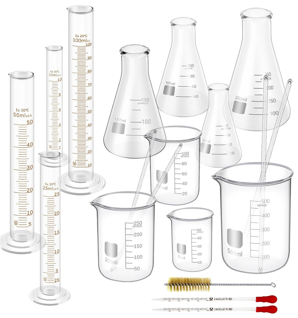 Glass Beaker Set, 19-Piece Labware Kit | Glass Beaker 50/100/250/500mL, Flask 50/100/150/250mL, Cylinder