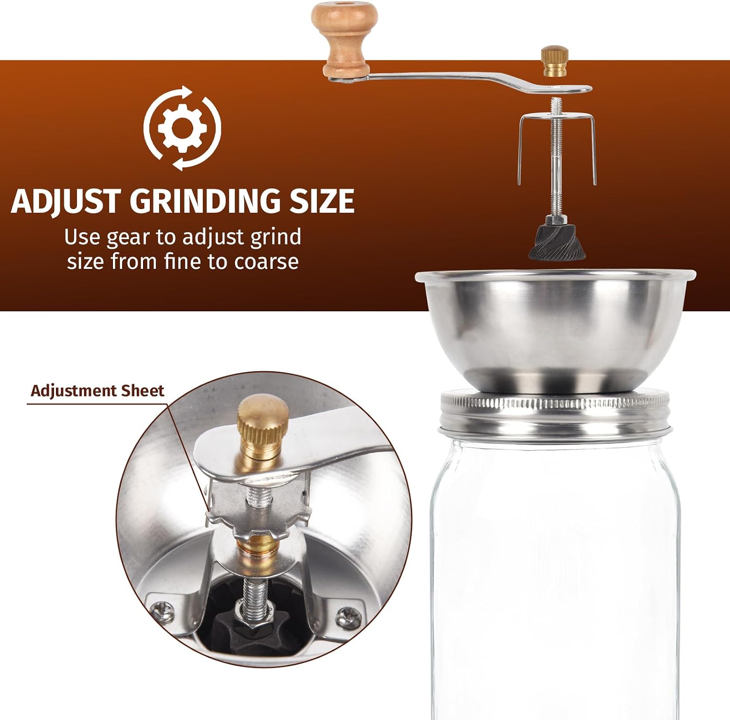 Mason Jar Coffee Grinder, Manual Coffee Grinder Lid Attachment for Wide Mouth Mason Jars, Stainless Steel Mason Jar