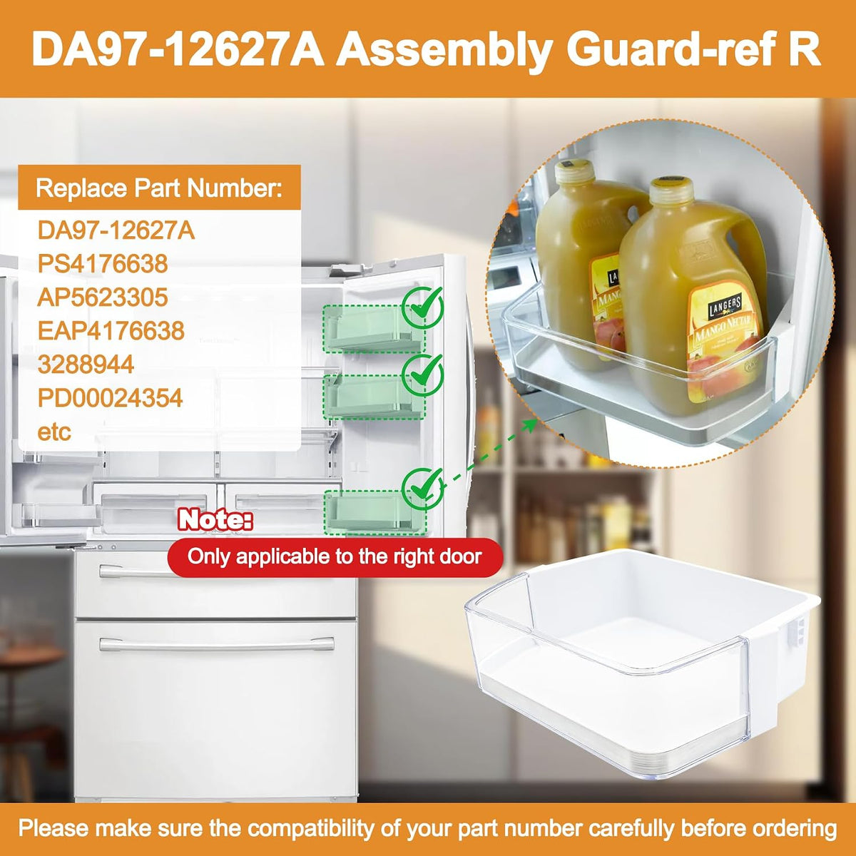 DA97-12627A Door Shelf Bin Compatible with samsung Refrigerator: RF31FMESBSR/AA, RF323TEDBSR/AA, RF323TEDBWW/AA etc.Assembly Guard-ref R Replacement PS4176638, AP5623305, 3288944, EAP4176638