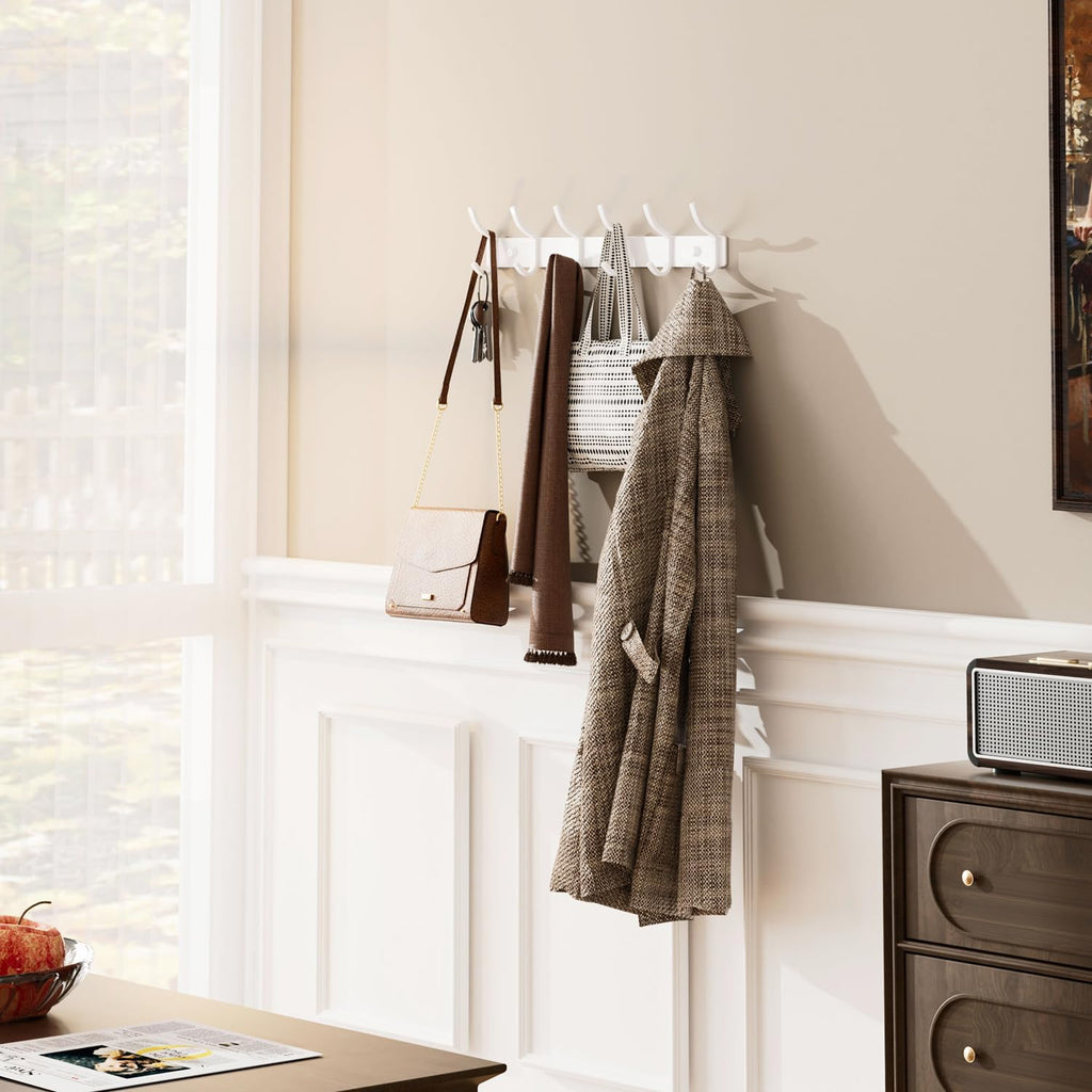 White Coat Rack Wall Mount - 15 Inch Arc Shaped Design with 6 Hooks for Hanging Coats, Bags, and Towels in Entryway