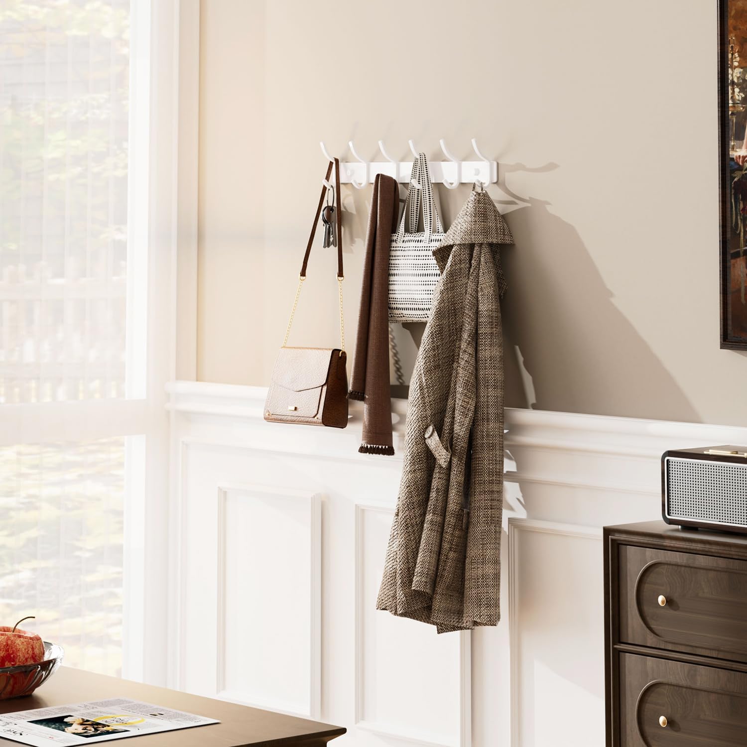 White Coat Rack Wall Mount - 15 Inch Arc Shaped Design with 6 Hooks for Hanging Coats, Bags, and Towels in Entryway