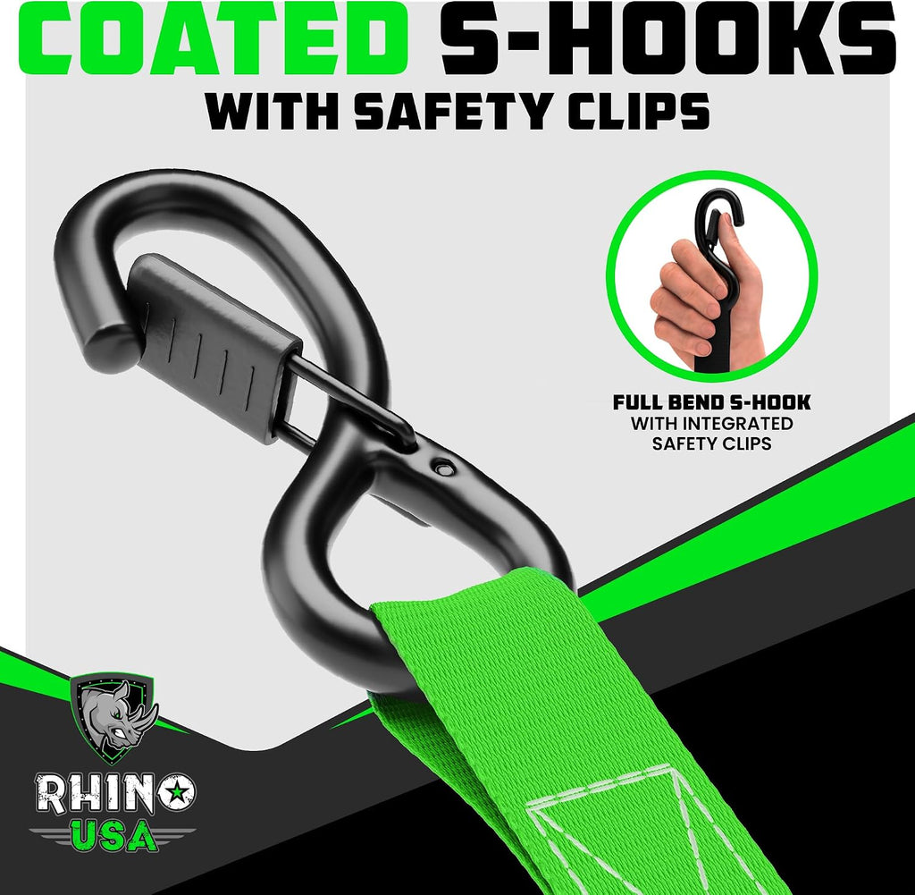 Ratchet Straps Tie Downs (4-Pack) - 1in x 15ft with S Hooks | 1,823lb break strength. Manual ratchet w/ S hooks &