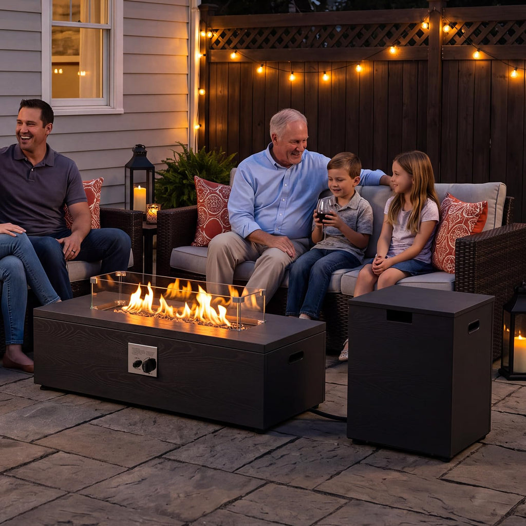 42" Rectangular Propane Fire Pit Table, Grey Wood Grain Iron Gas Fireplace