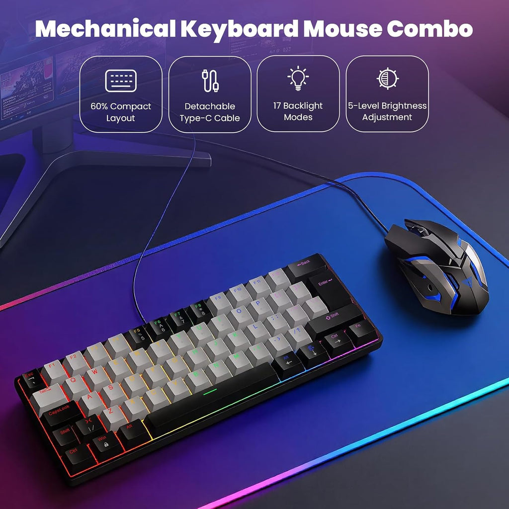 Gaming Keyboard and Mouse Combo, Mechanical Keyboard Gamer 60% US-Layout, Compact LED Backlit, USB Ergonomic Office