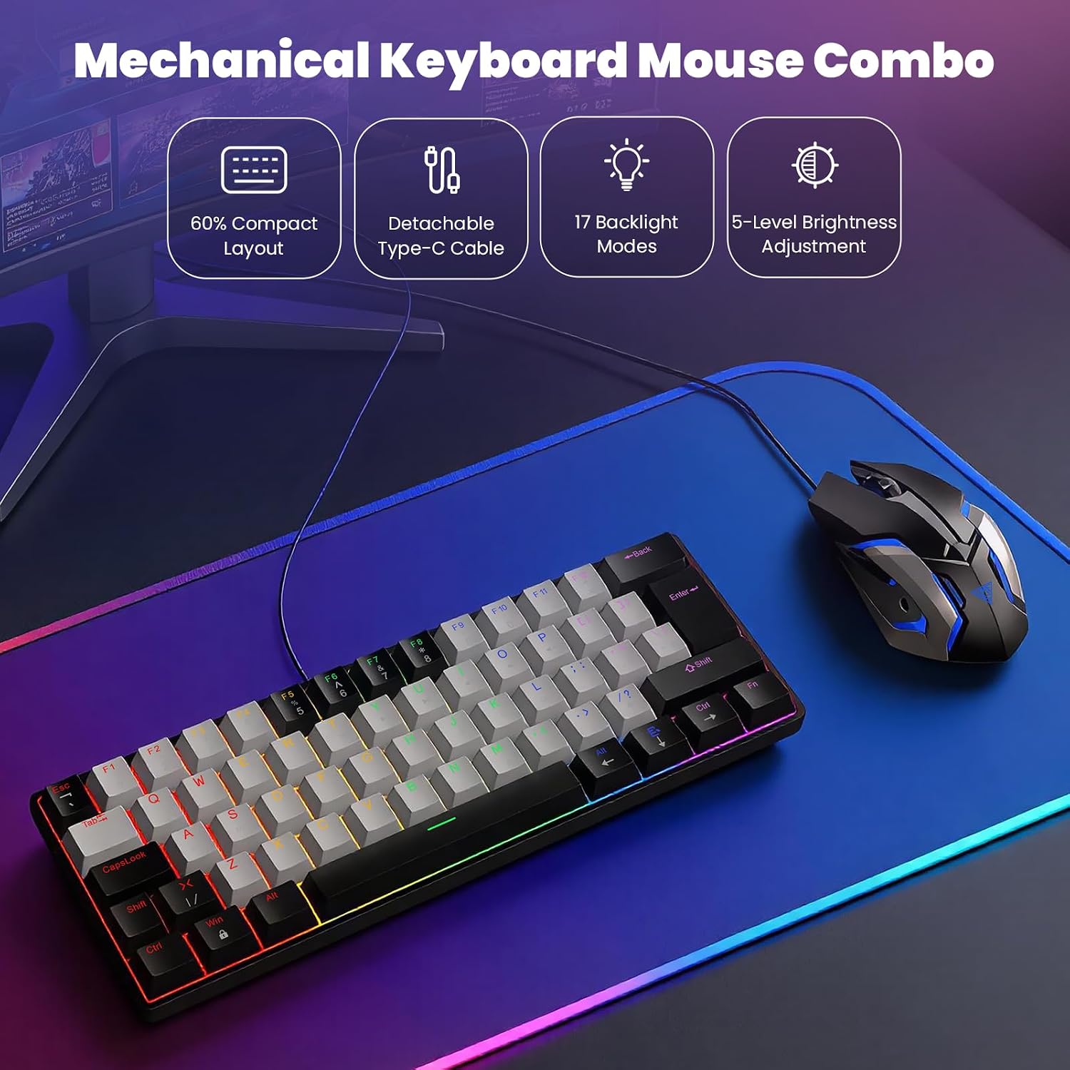 Gaming Keyboard and Mouse Combo, Mechanical Keyboard Gamer 60% US-Layout, Compact LED Backlit, USB Ergonomic Office