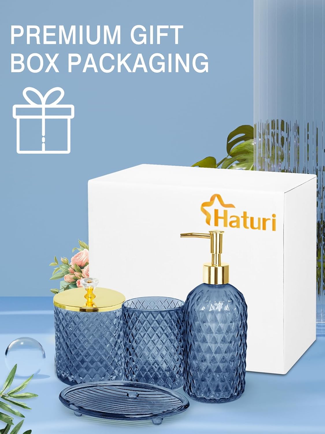 Glass Bathroom Accessories Set, Navy Blue Bathroom Set, 4 Pcs | Kit w/ Bathroom Soap Dispenser Set, Toothbrush