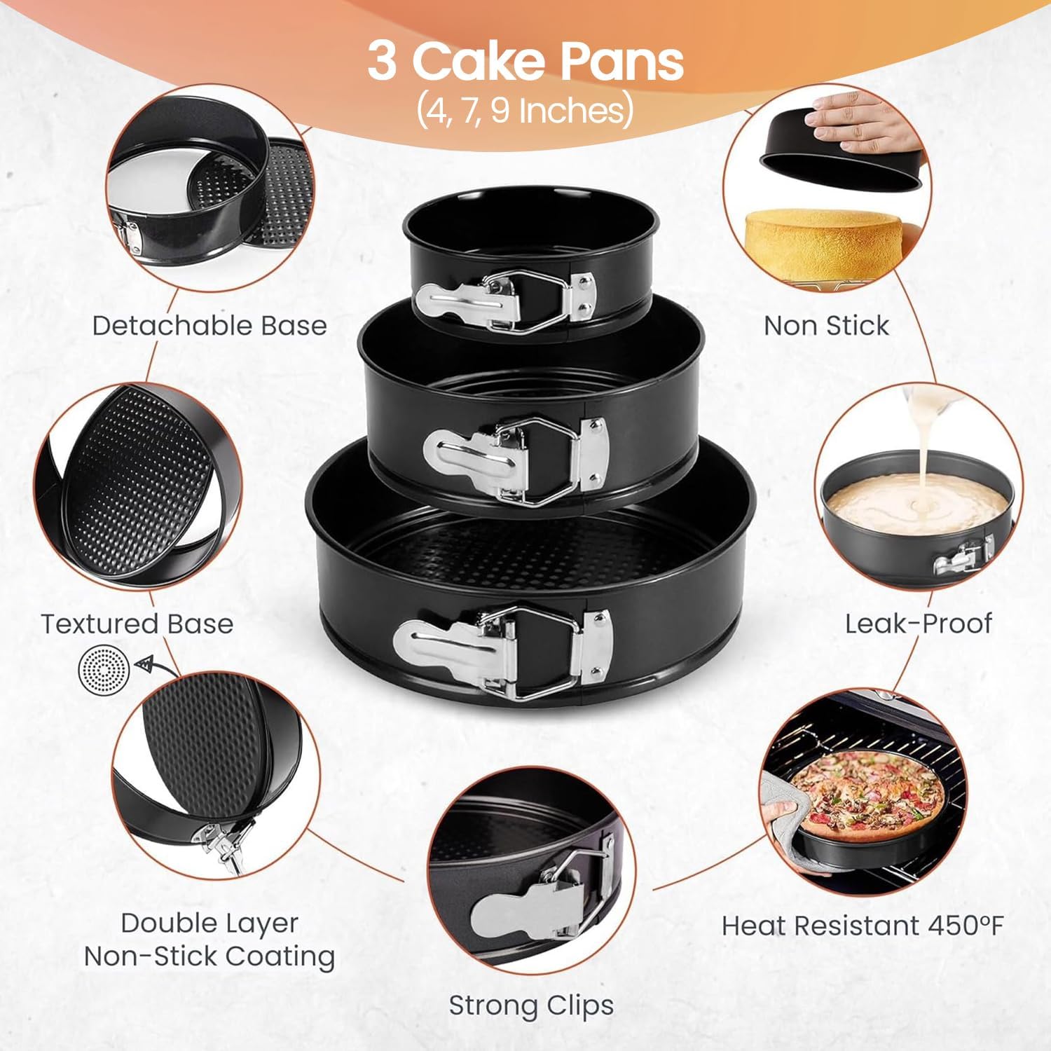 100pcs Cake Pan Sets for Baking + Cake Decorating Supplies: 3 Non-Stick Springform Pans Set (4, 7, 9 inches), Icing