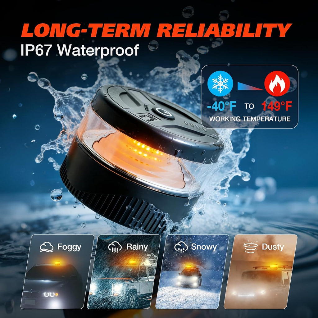 Magnetic Beacon Light, USB-C Rechargeable Wireless Strobe Lights for Truck, 32 LED Amber Battery Operated Flashing