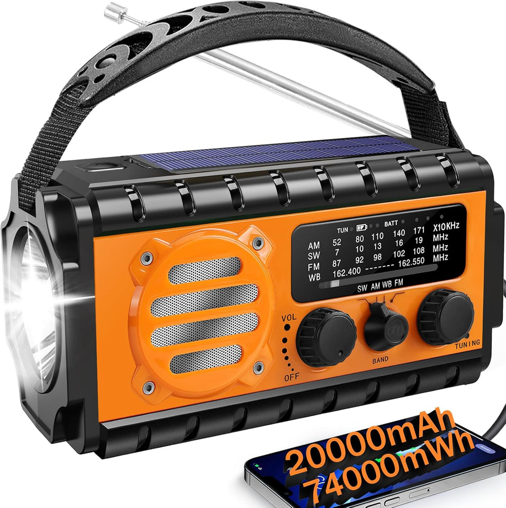 Solar Hand Crank Emergency Radio, 20000mAh AM FM NOAA Weather Radio | Clear radio reception, built‑in LED flashlight