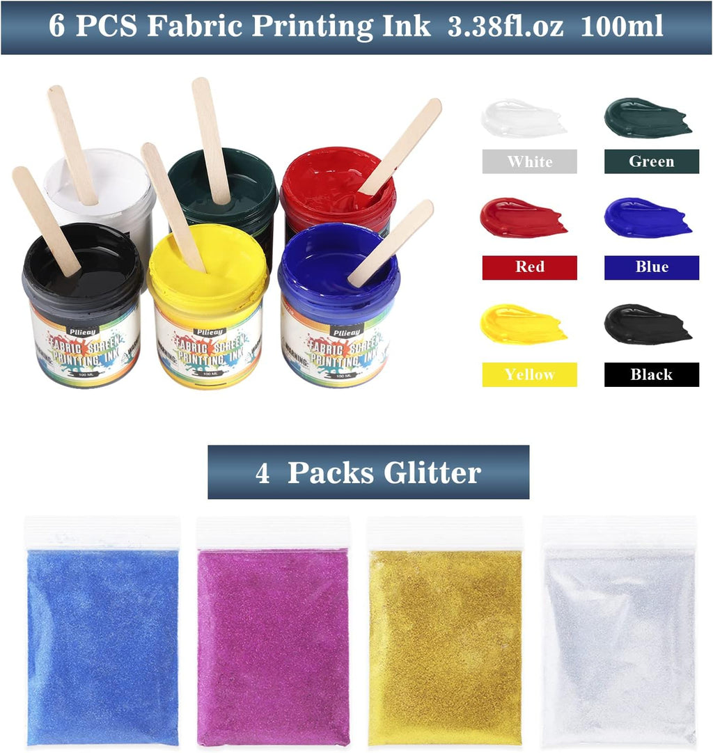 60pcs Screen Printing Kit with LED UV Exposure Lamp, 6 Colors Screen Printing Ink, 3 Size Wood Silk Screen Printing