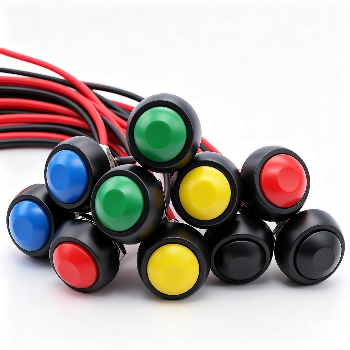 Twidec/10Pcs 12mm Momentary Push Button Switch 1/2" Mounting Hole On Off Mini Round Waterproof 5 Color with Pre-soldered Wires PBS-33B-5C-X-2