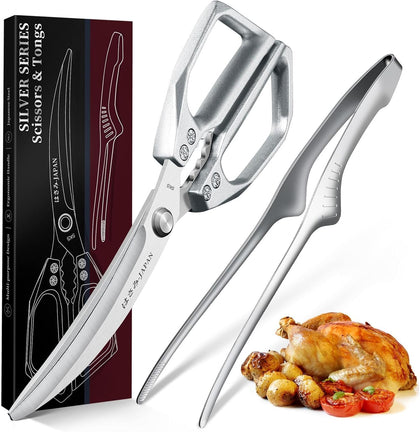 Kitchen Scissors and Cooking Tong Set - Silver Kitchen Shears for Food with Stainless Steel BBQ Tongs, Japanese Style