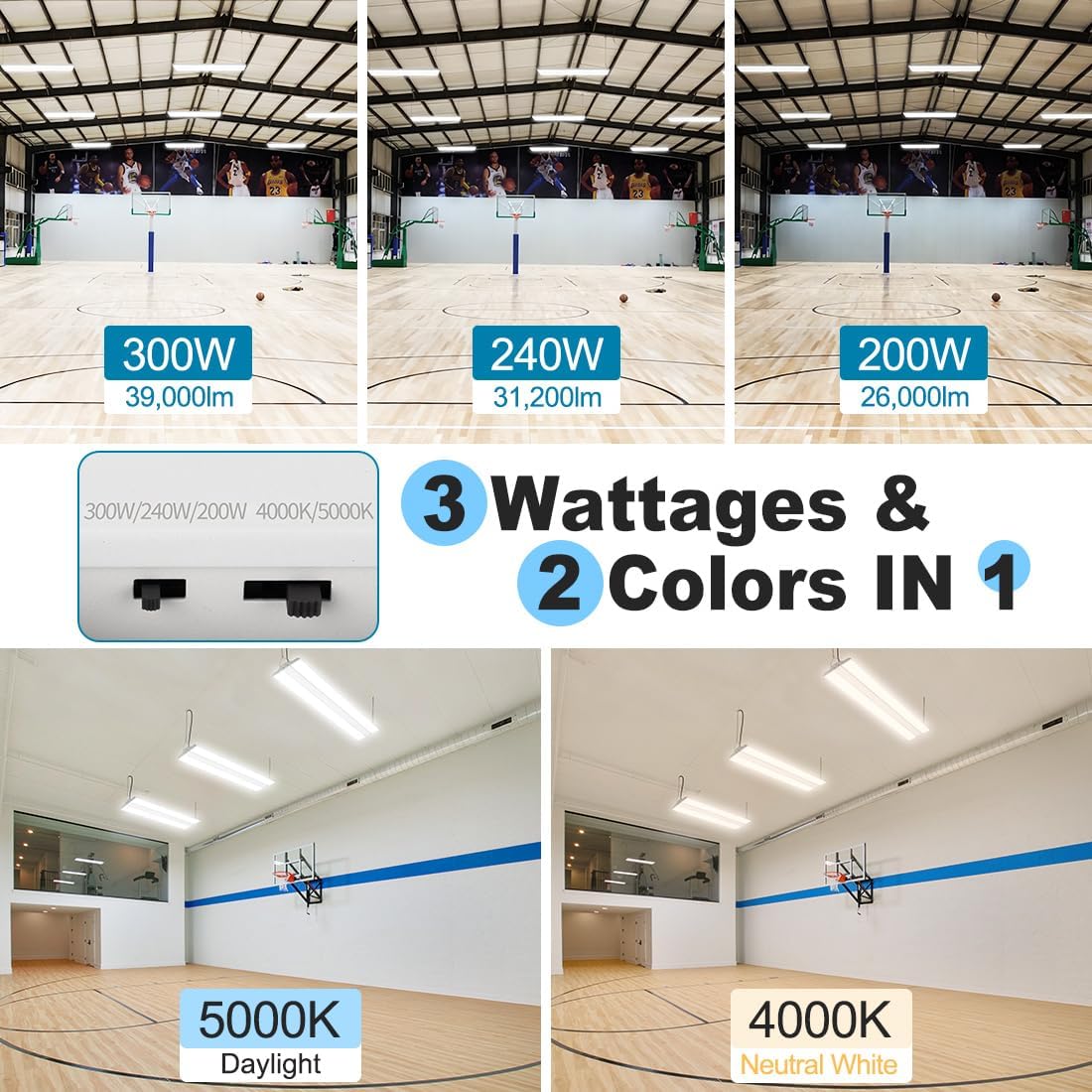 High Bay LED Shop Light 300W/240W/200W Adjustable 39000LM 2Pack