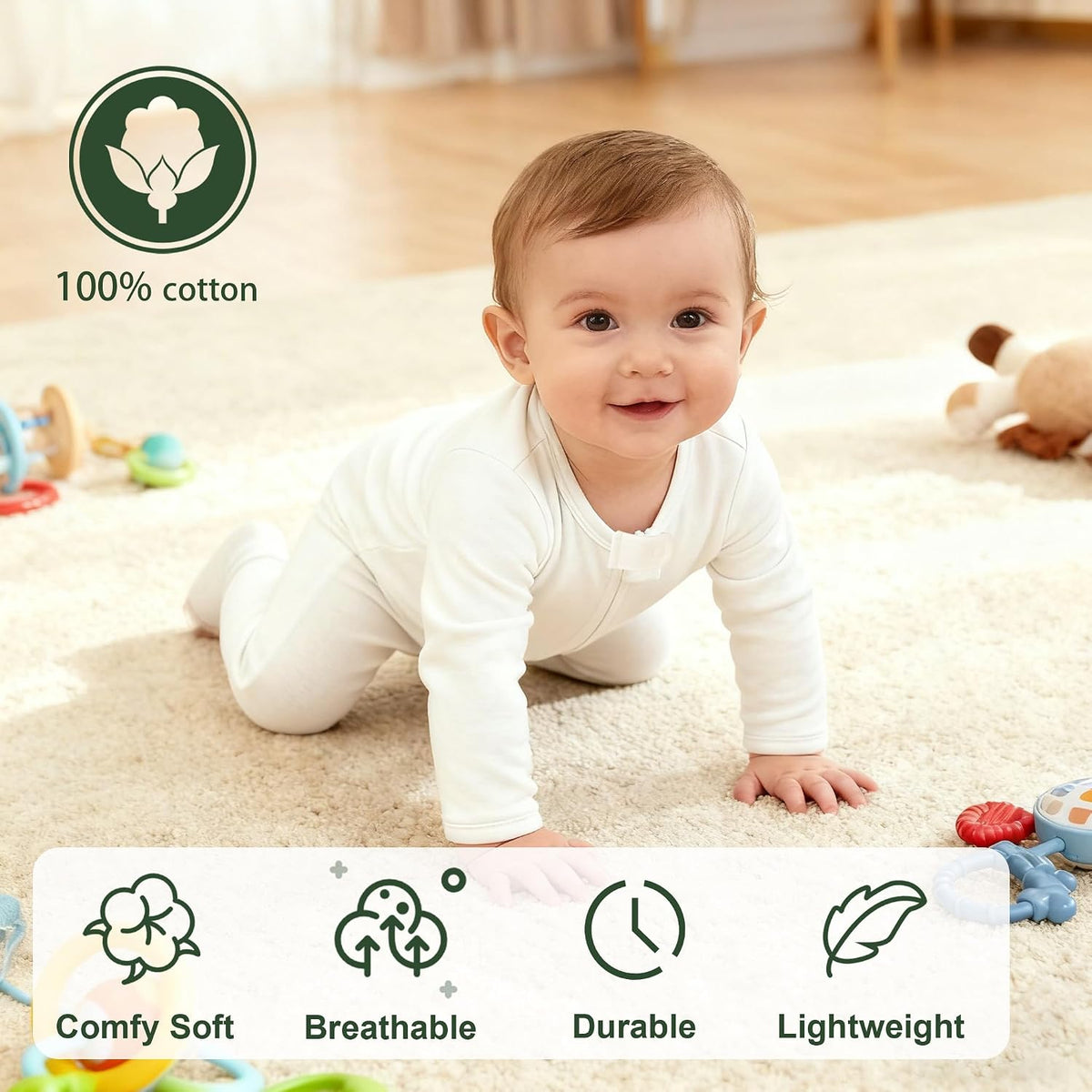 Baby Romper 100% Organic Cotton Pajamas One Piece Long Sleeve Zipper Footie Onesie for 0~12M Baby