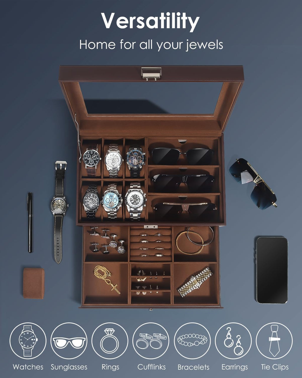 Watch Jewelry Box Organizer, 6-Slot 2-Layer Watch Case and Sunglasses Storage with Large Glass Lid, Men's Jewelry Box