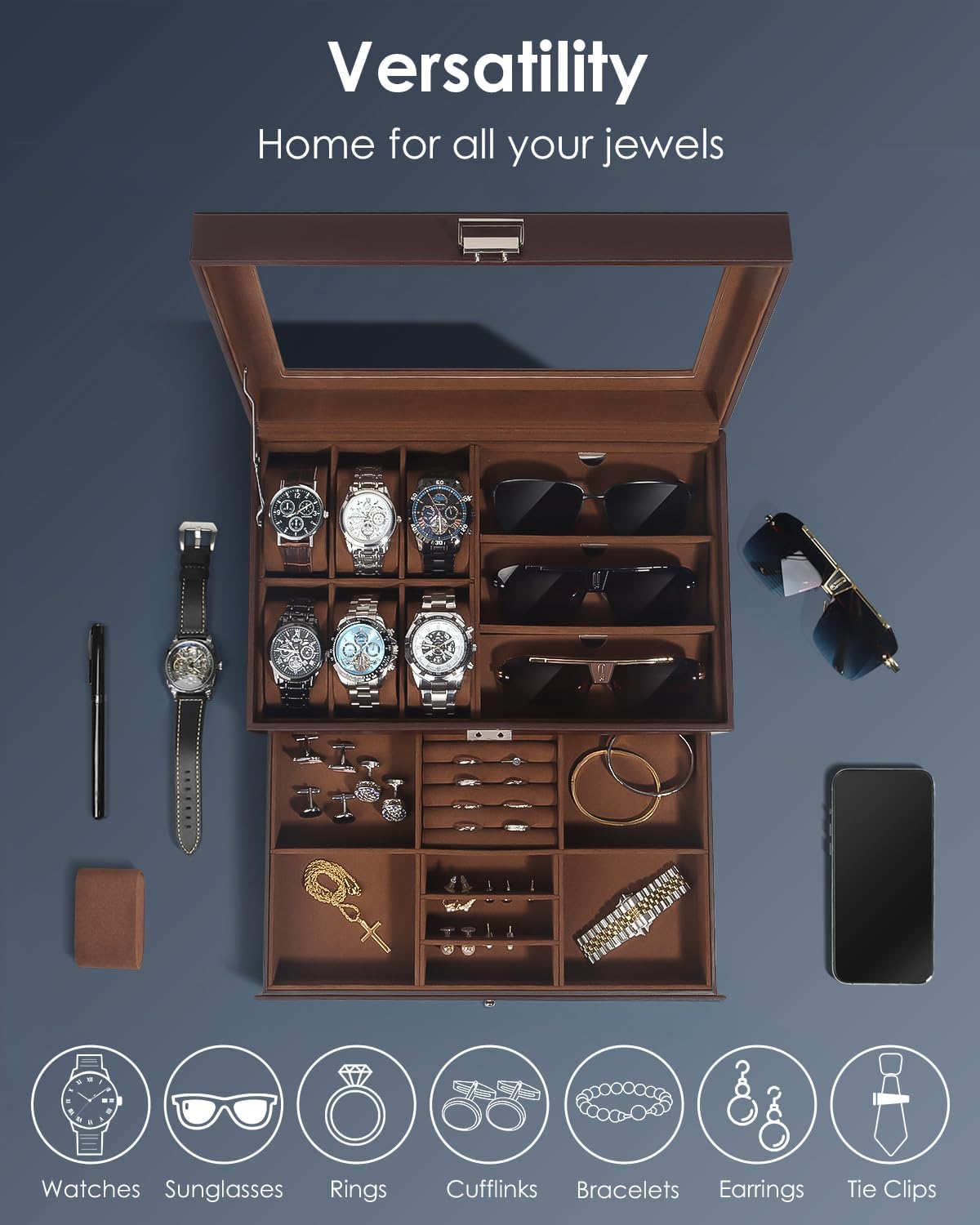 Watch Jewelry Box Organizer, 6-Slot 2-Layer Watch Case and Sunglasses Storage with Large Glass Lid, Men's Jewelry Box