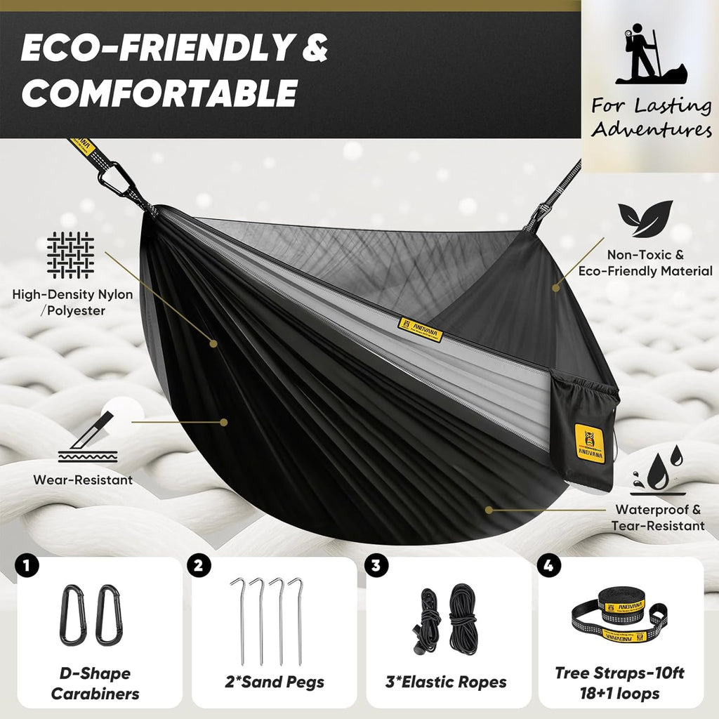 Camping Hammock with Mosquito Net, 500 lbs Portable Hammock with Tree Straps, 2-in-1 Double/Single Travel Hammock