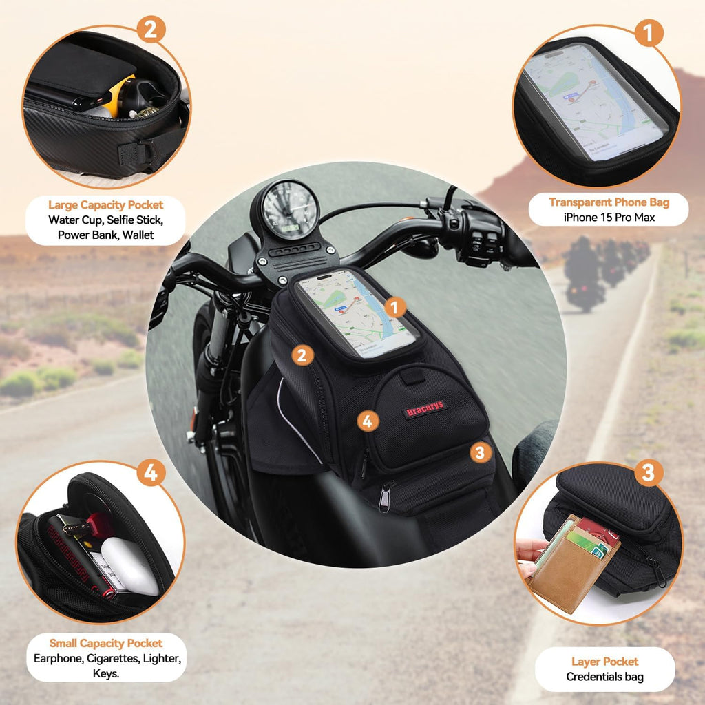 Motorcycle Tank Bag - Oxford Saddle Black Motorbike Bag - Strong Magnetic Bag for Honda Yamaha Suzuki Kawasaki Harley