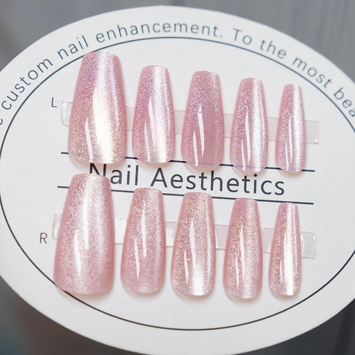 Long Coffin Press on Nails Light Pink Cat Eye Fake Nails Long Coffin False Nails with Gradient & Glitter Design