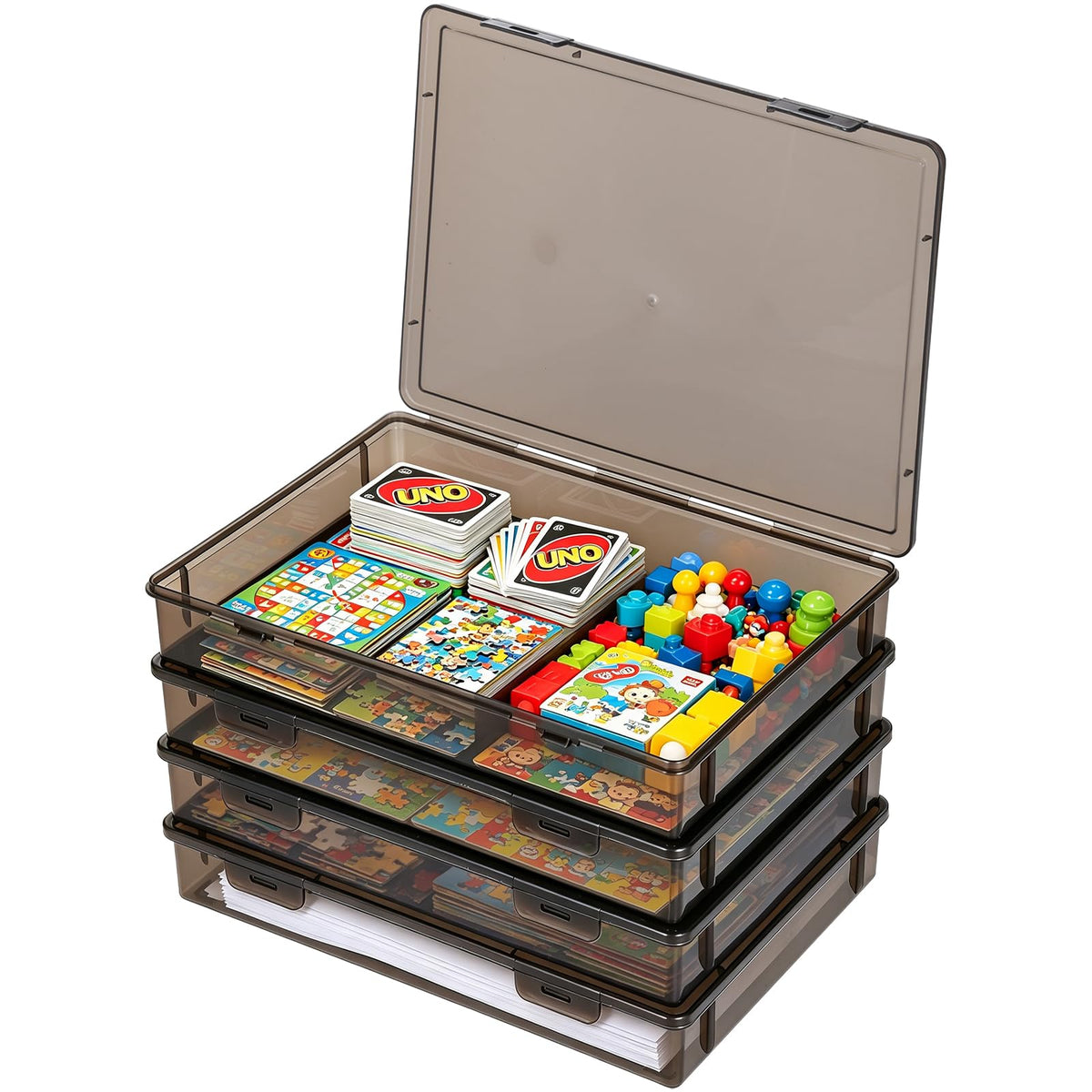 4 Pcs Board Game Storage Stackable Organizer Box with Snap Latch Lid Plastic Container Case for Board Games Puzzles