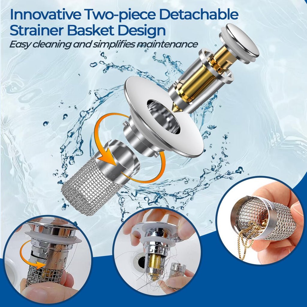 Bathroom Sink Drain Strainer,(2PCS) Pop-up Sink Drain Strainer with Removable Stainless Steel Strainer Basket Hair