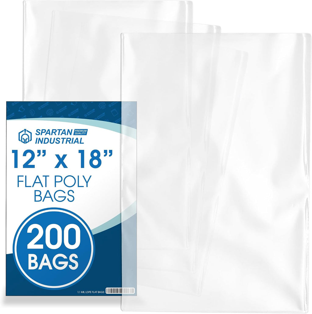 12x18 Poly Bags, 200 Count - Open-End Flat 1.1 Mil, Spartan Industrial