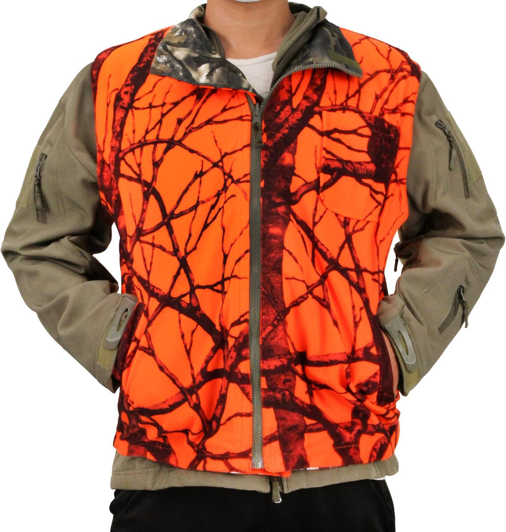 Reversible Camo & Orange Hunting Vest, Big Game Vest Jacket, M-4XL | Warm Fleece, Blaze Orange Camo, Silent
