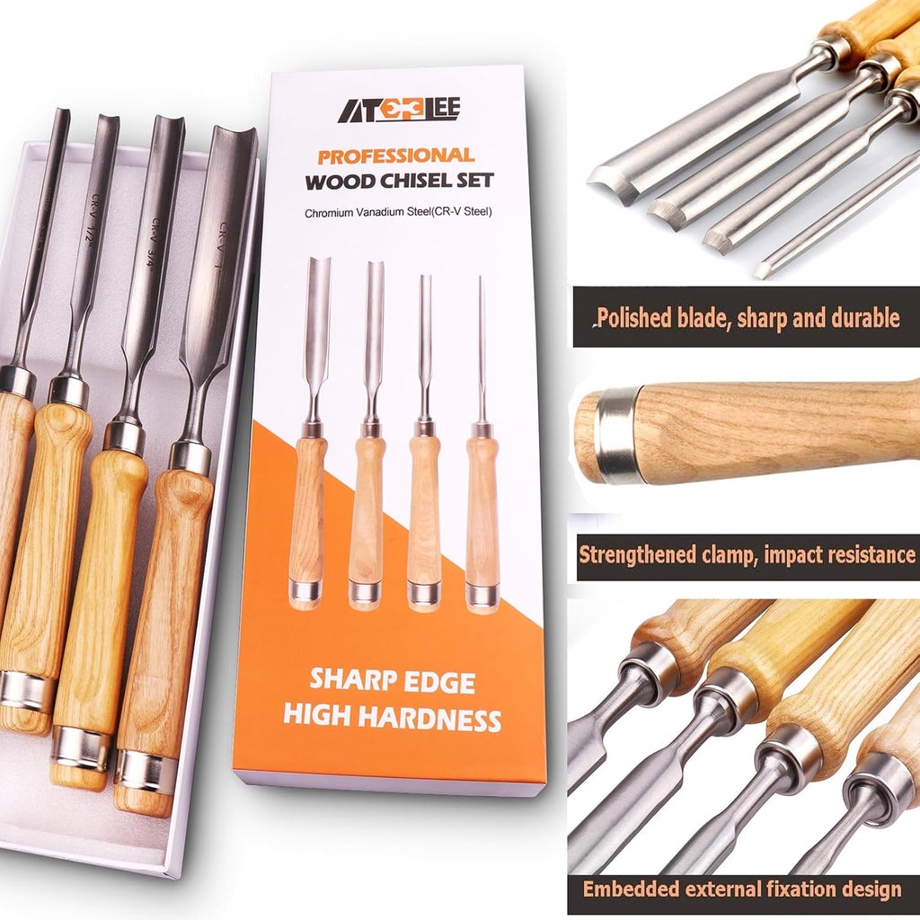 4 Pieces Wood Chisel Set for Woodworking, Professional Wood Chisel Tool Carpenter Gouge CR-V Steel Semi-Circular Edge