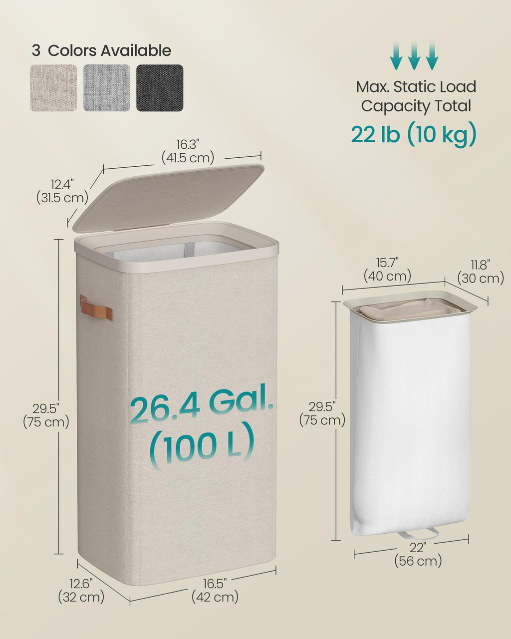 Laundry Basket, 100L Laundry Hamper with Lid, 1 Removable Bag