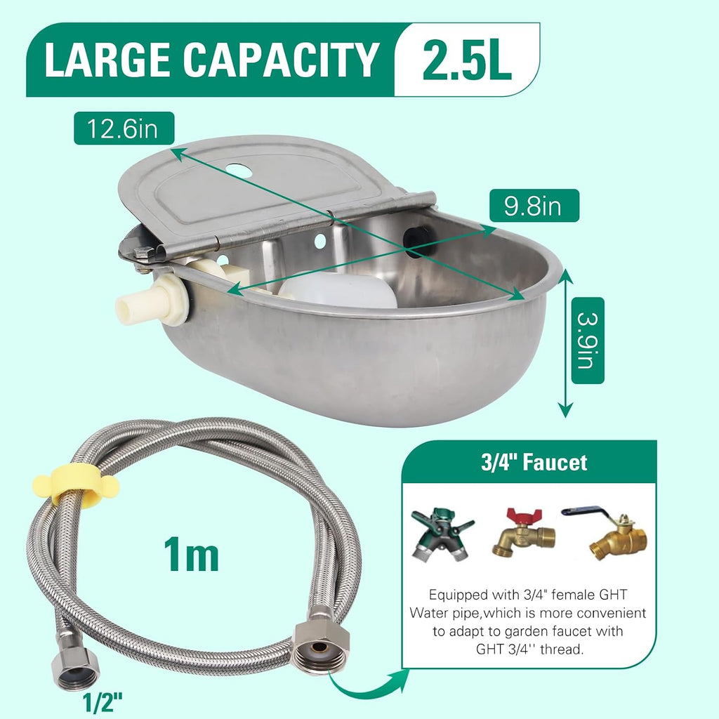 304 Stainless Steel Automatic Livestock Waterer with Float Valve and 39 inch Water Hose(one end 3/4''), Automatic